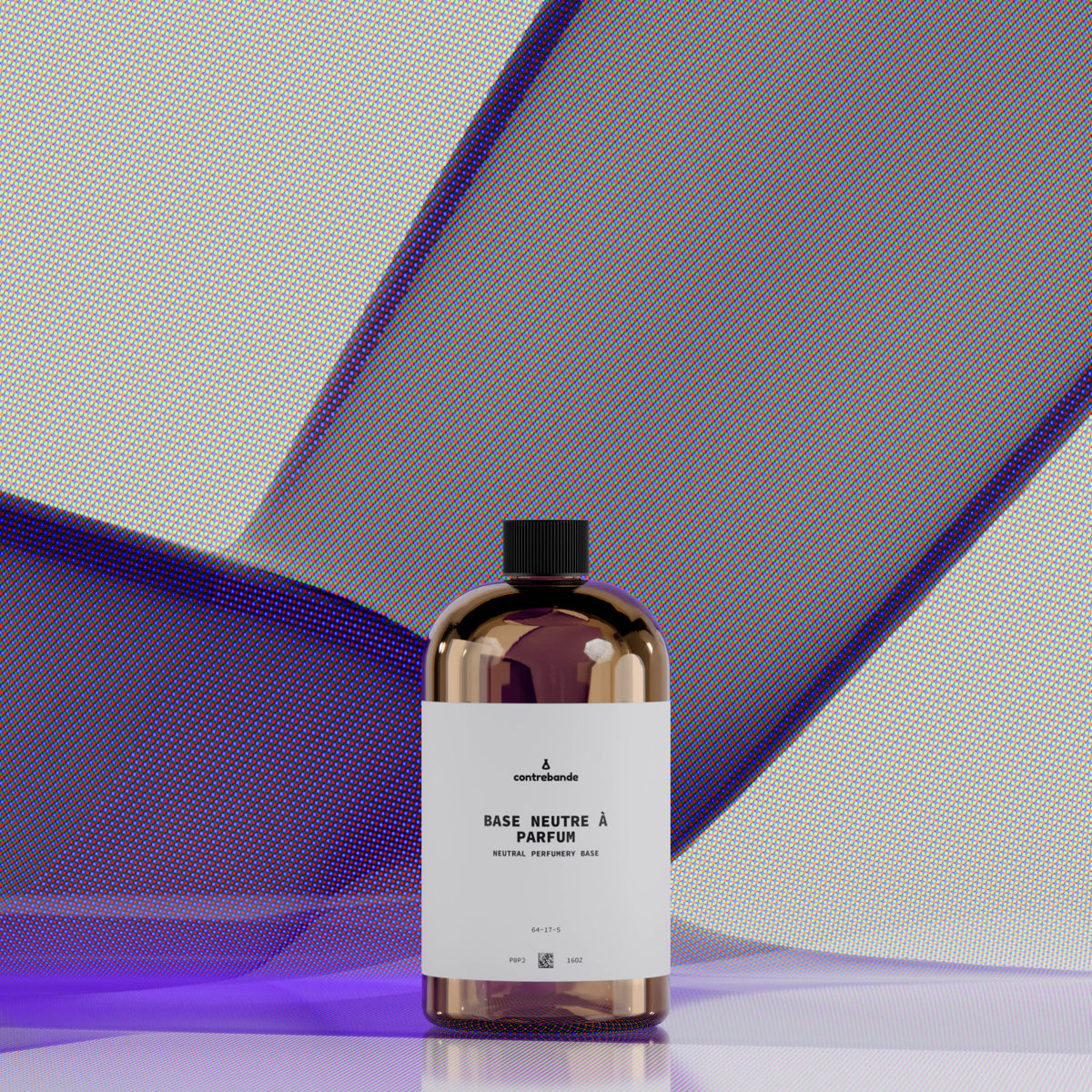 Bottle of perfume base with a white label on a gradient background