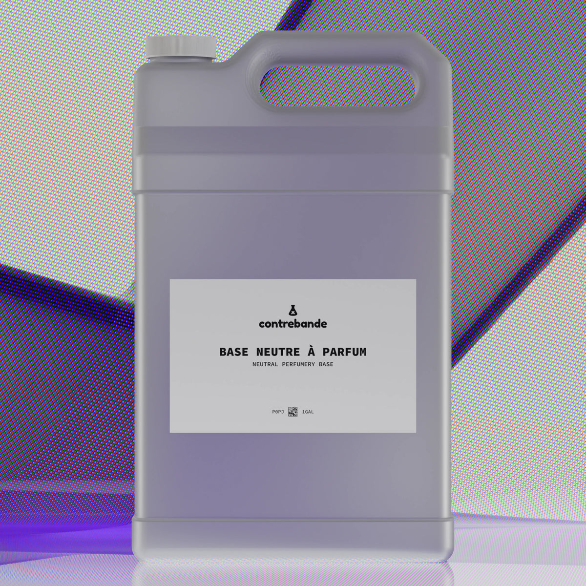 Large container labeled 'Contrebande' with a neutral perfume base on a gradient background