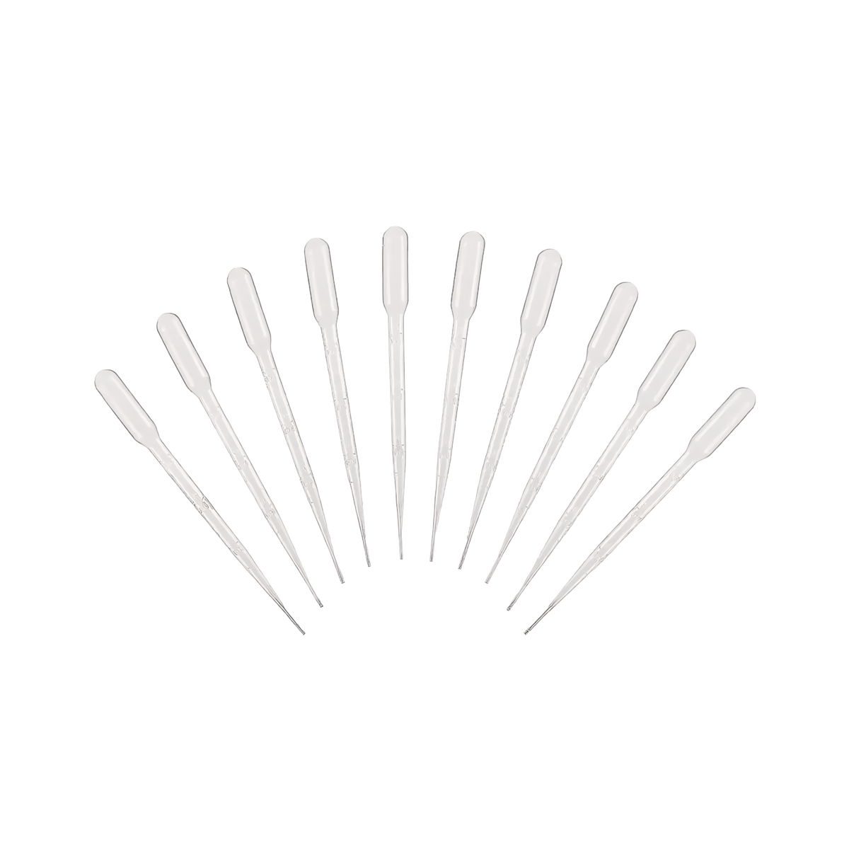 Set of clear plastic pipettes on a white background